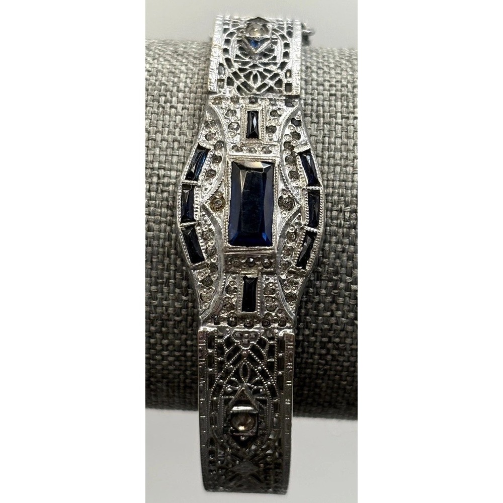VTG ALLCO Art Deco Filigree Bangle Bracelet Blue Faux Sapphire Paste 7"